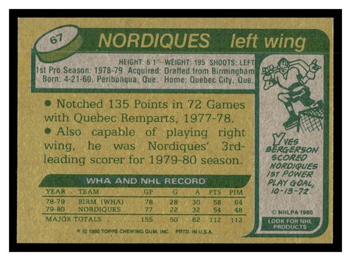 1980 Topps Hockey #67 Michel Goulet 125E-02 - Picture 2 of 2