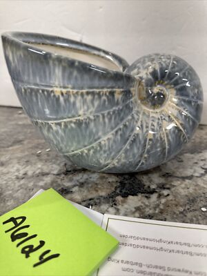 Barbara King 7'' Glazed Ceramic Seashell Planter Mottled Beach Ocean Blue/gray