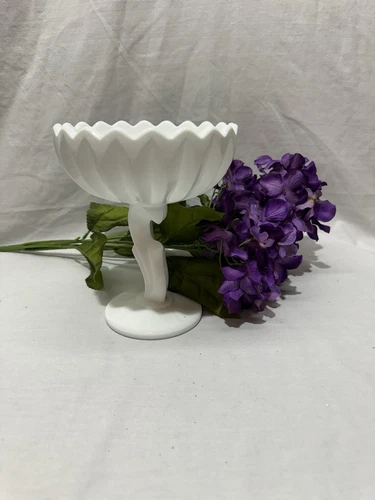Vintage Indiana Glass Lotus Blossom Line Milk Glass Pedestal Compote Bowl 7.25"