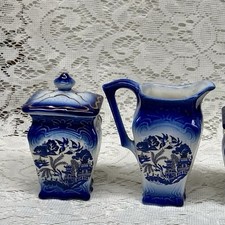 Antique 2-pc Flow Blue Willow Creamer and Sugar Jar with Lid 4.5in x 2.5in sq