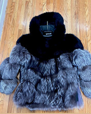 Women's M Gray/Black Short Hooded Fox Coat Fur Trim Hook  Eye Closure