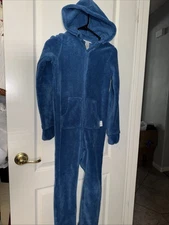 Hoodie-Footie By Pajamagram Blue Plush  Full Zip Removable Hood Pajamas Sz 10