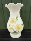 Vintage Milk Glass Hurricane Lamp Ruffled Chimney Yellow & Green Floral. 7” Tall