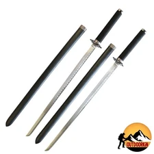 2pc 28" Black NINJA SWORD SET Tactical Carbon Steel Blade w/ Wooden Scabbard