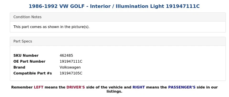 VW GOLF 1986-1992 - Luz interior/iluminación 191947111C Foto 4 de 4