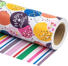 Reversible Birthday Wrapping Paper - Mini Roll - 17 Inch X 33 Feet - Colorful Ba