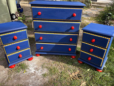 Hand painted cheat of drawers and bedside cabinets by London artist C.Pistol