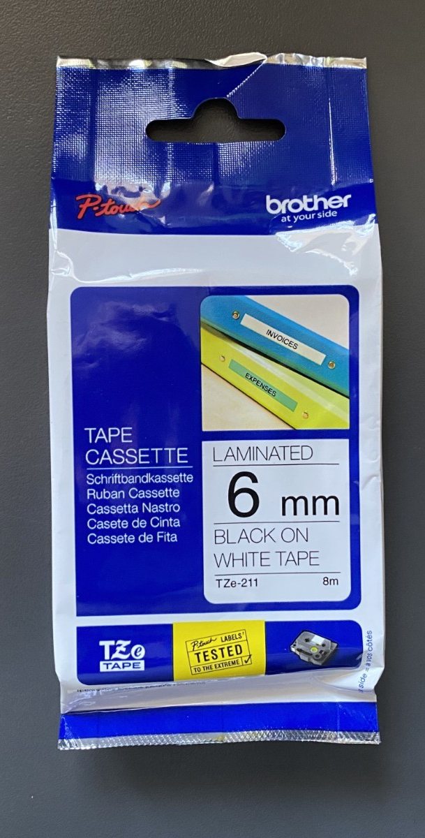Genuine Brother P-Touch Tape - BLACK ON WHITE LAM TZe-211 / 6mm x 8m (INC VAT)