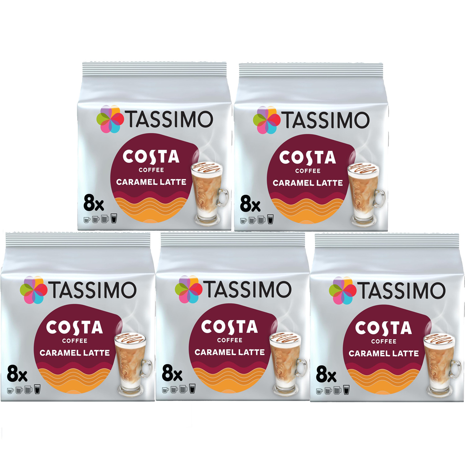 5x TASSIMO COSTA CARAMEL LATTE COFFEE PACKS 80 T-DISCS/PODS, 40 DRINKS