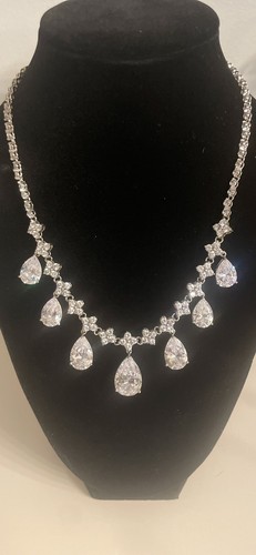 Diamond Bib Dangle Multi Stone CZ & 925 Silver Formal Necklace