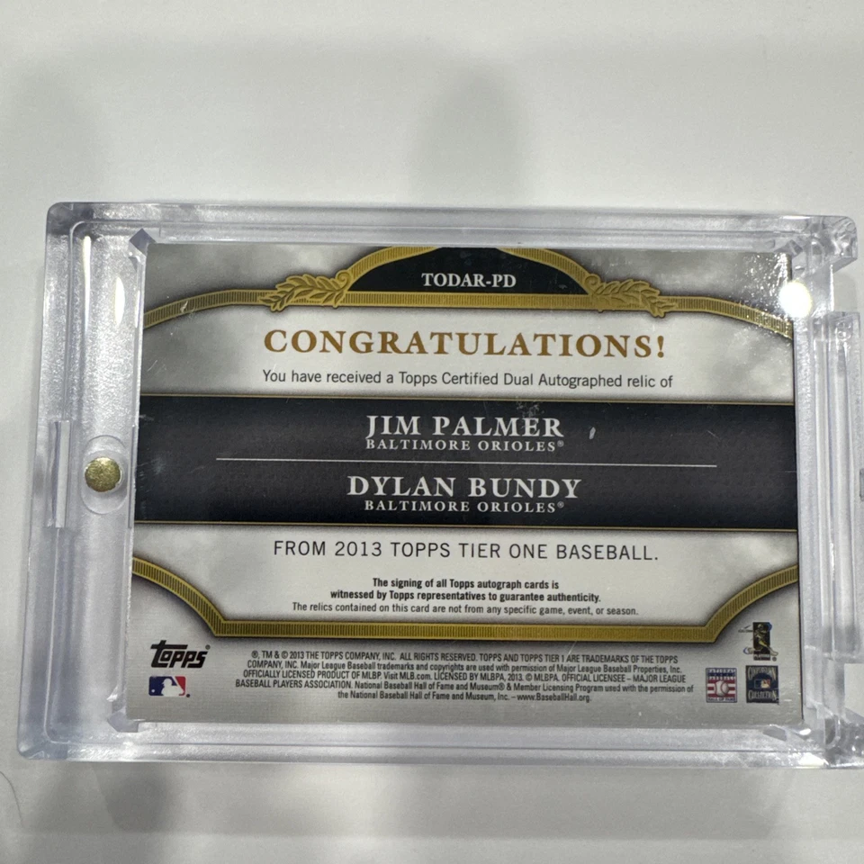 Jim Palmer/Dylan Bundy 2013 Topps Tier One Dual Auto Relic Book Card /10 Orioles - Image 3 of 4