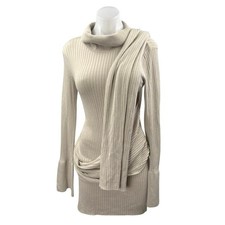 NEW Free People Beige Long Sleeve Ribbed Knit Shawl Mini Sweater Dress Size XS