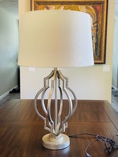 Working 30" Modern Silver Geometric Cage Table Lamp w/ Large Drum Shade