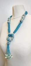 Blue White​ Seed Beaded Multi Strand Statement Necklace, White​ Seashell Tassle