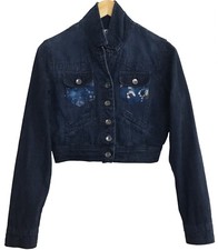Upcycled Cropped Boho "night Blooms" Denim Jacket With Asian-inspired Batik Trim