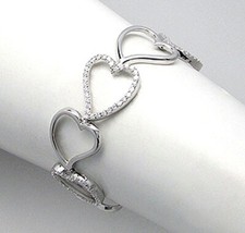 Solid Sterling Silver CZ Heart Link Bracelet 19mm Wide 16.32g Fits 7"-9" Wrist
