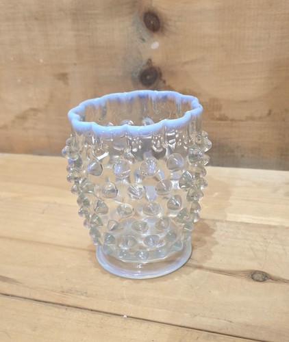 Clear Glass Opalescent Hobnail Vase With Blue Rim 4"W x 4-1/2"H - Picture 3 of 7