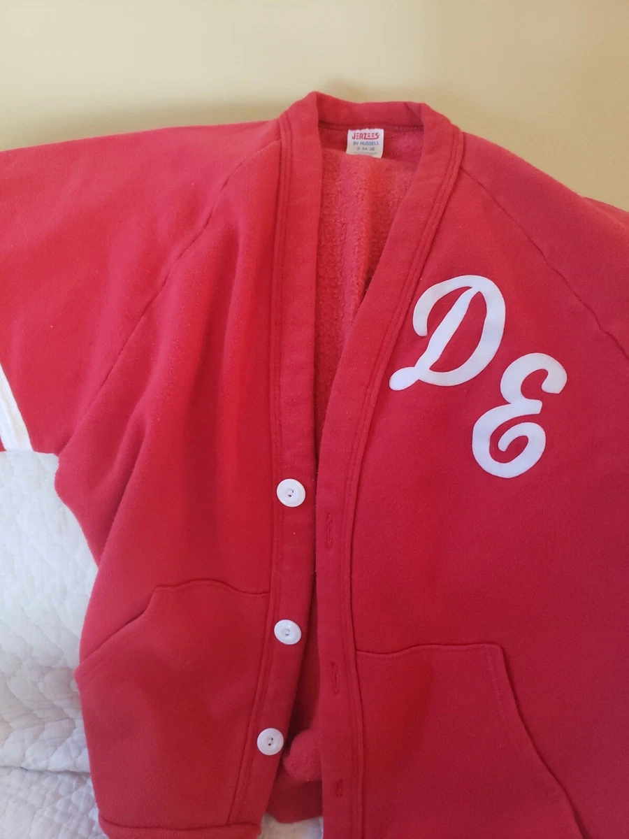 Vintage 80s Jerzees Russell Red Cardigan Letterman Sweater Sz S 34-36 USA Made