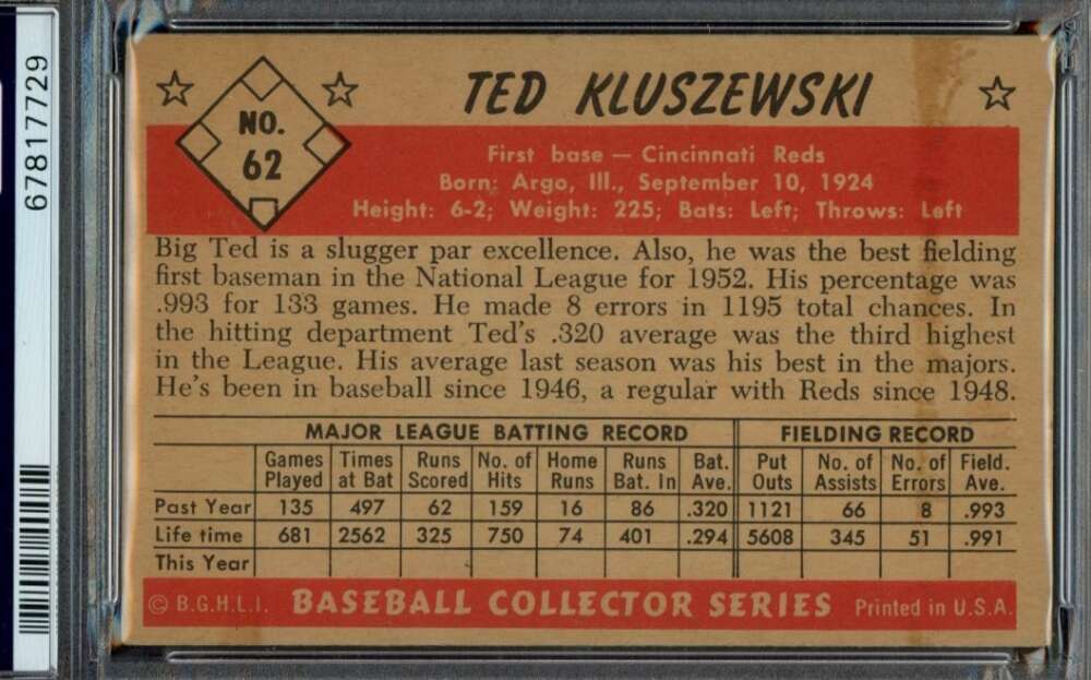 1953 Bowman Color #62 Ted Kluszewski PSA 4 Reds (7729) | eBay
