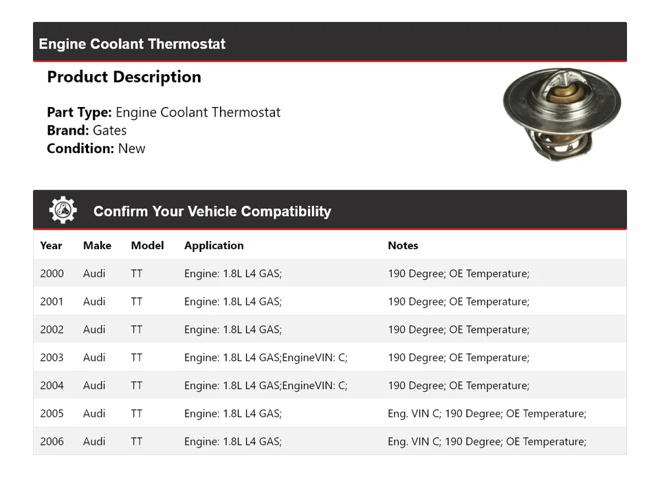 Para Audi TT 2000-2006 1.8L L4 GAS Motor Refrigerante Termostato Puertas 2001 2002 2003 Foto 2 de 4