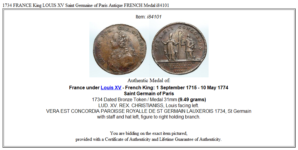 1734 FRANCE King LOUIS XV Saint Germaine of Paris Antique FRENCH