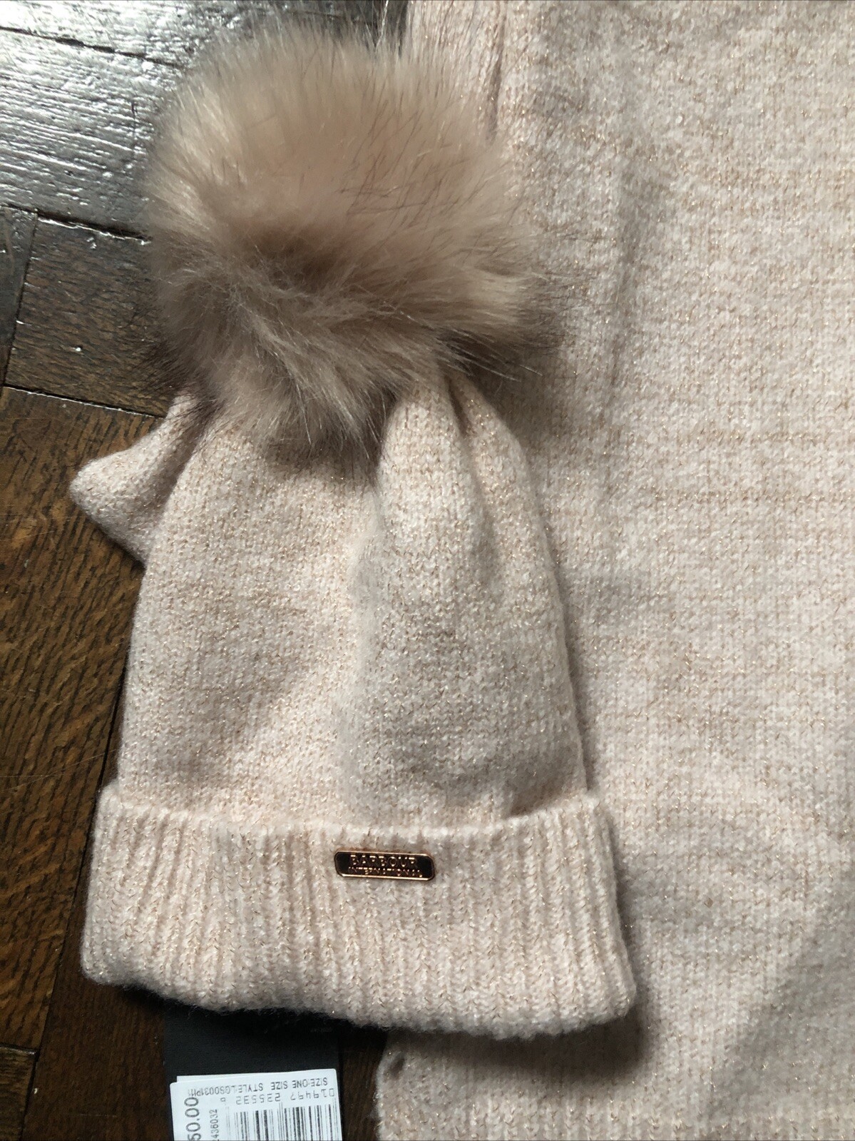 Barbour Beanie & Scarf Set Pink Rose Gold Sparkle Pom Pom Warm Casual Country image 6