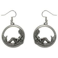 Silver Tone Circle Mermaid Earrings w sterling hooks