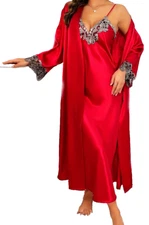 SUMPTUOUS RED LIQUID SATIN GORGEOUS EMBROIDERED LACE LONG NIGHTGOWN SET M L NWT