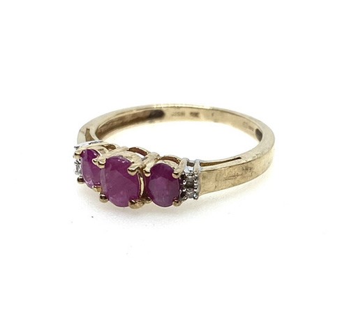 Gold Ruby Ring 9ct Yellow Gold Three Stone Ruby Diamond Ring Ruby Trilogy Ring - Picture 8 of 16