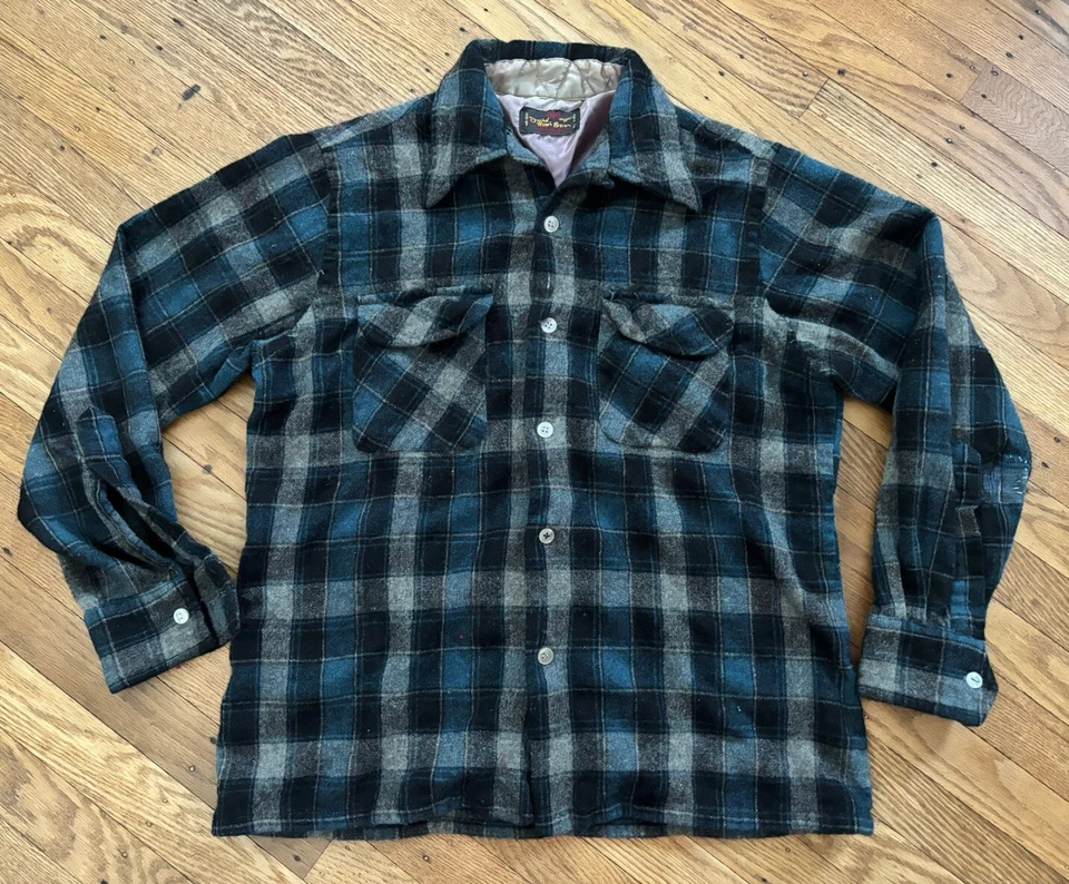 Vintage 60s/70s LOOP Collar Wool Plaid Work Shirt.S/M — 第 3/4 张图片
