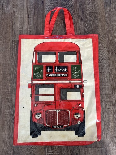 VINTAGE Harrods Bag London Bus Wax Mid Size Shopping Bag Knightsbridge Tote