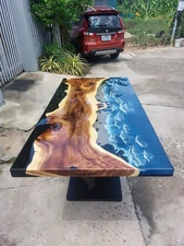 Epoxy Table, Blue Wave Epoxy Table Top, Dinning Table In Black, Blue Epoxy Table