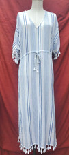 LULUS white & blue striped pullover maxi Dress medium TASSLES tied waist cotton