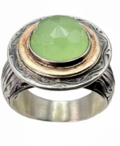 Vintage Artisan Signed Sterling Silver & 14k Green Faceted Cabochon Ring - Photo 1 sur 14