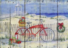 Red Bike, Picket Fence at Beach Paul Brent Coastal LPG Greetings Christmas Card