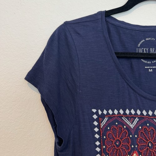 Lucky Brand Womans Graphic Beaded Short Sleeve T Shirt in Blue Size M - Picture 2 of 7