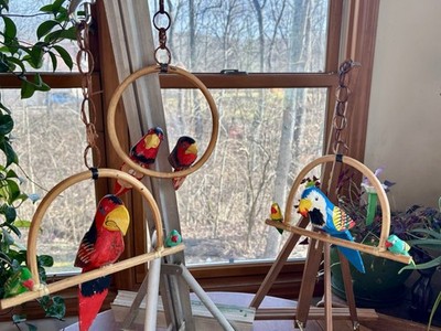 Vintage Wood Carved Hand Painted Parrots Birds Bamboo Perch Hanging Set Of 3 WOW