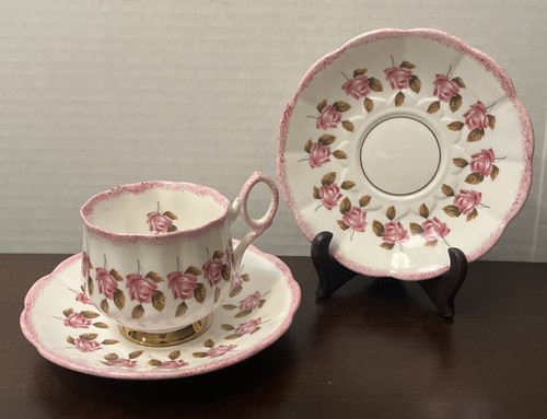Vintage Set Of 3 Rosina England Pink Rose Floral Bone China 1 Teacup & 2 Saucer - Picture 1 of 11