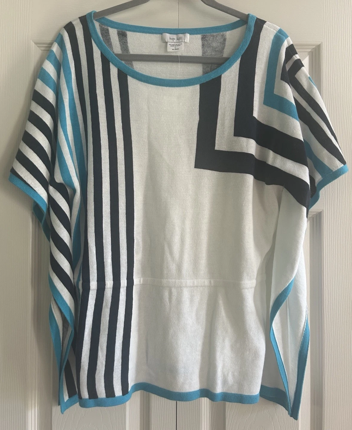 Kate Hill Sweater Poncho Women’s Size L White Blue Short Sleeve Beach Vacation
