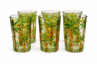Set 6 Trinkgläser bunt mit Palmenmotiv, tropisch dekoriert, 380ml