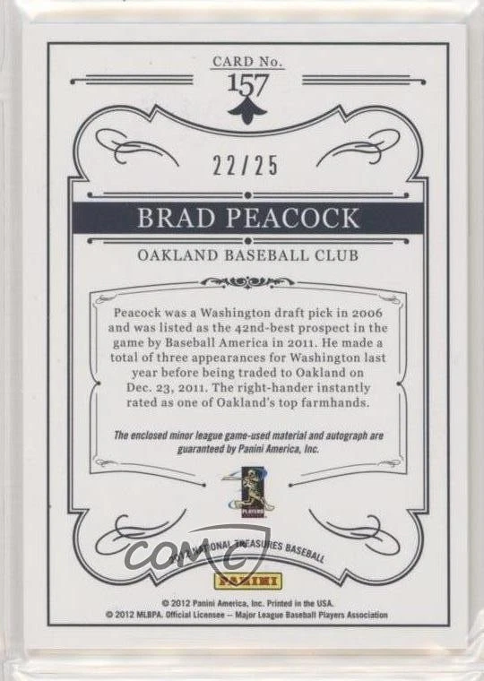 2012 Panini National Treasures Rated Rookies Gold /25 Brad Peacock #157 RC - Image 2 of 2