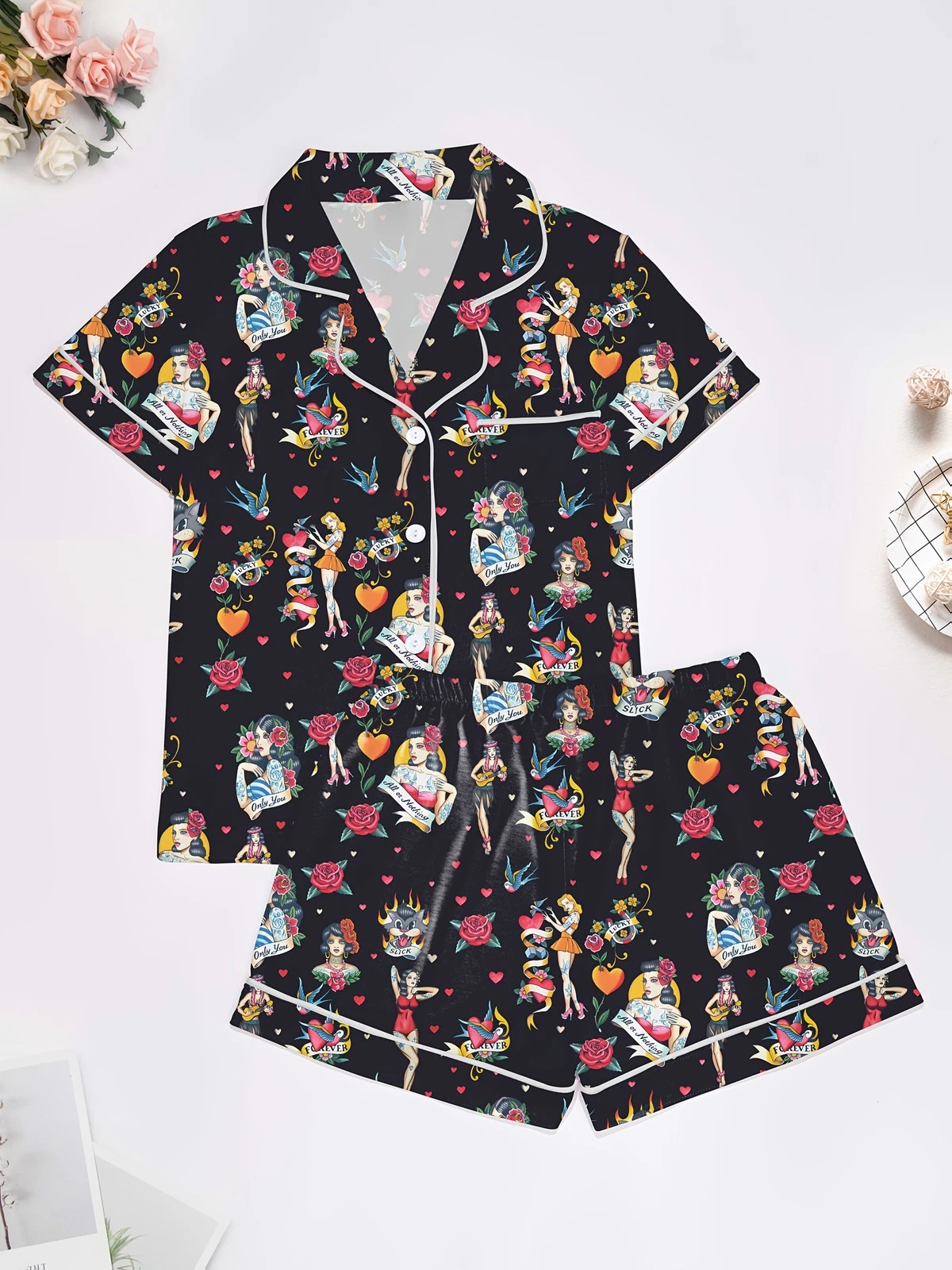Women's Two-Piece Pajama Set with Tattoo Print, Comfortable Outdoor
Opens in a new window or tab