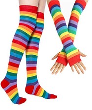 Over Knee Rainbow Thigh High Socks Gloves Set Cosplay Accessories Arm Leg Red
