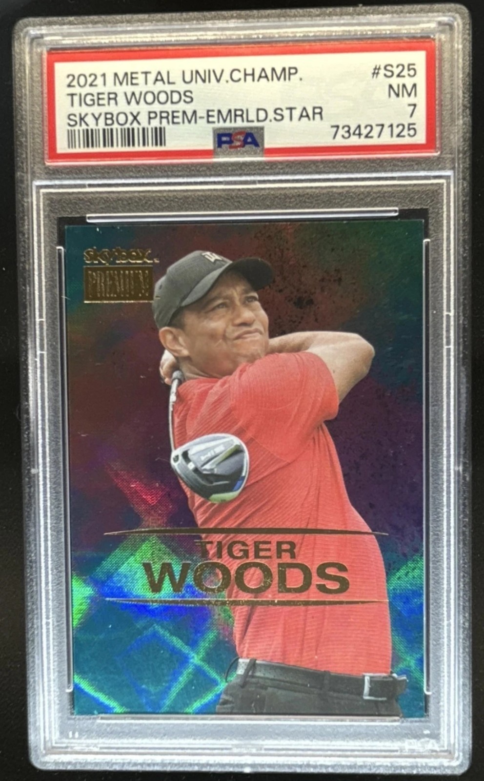 2021 Skybox Metal Universe Tiger Woods Premium Star Emerald #/25 PSA 7