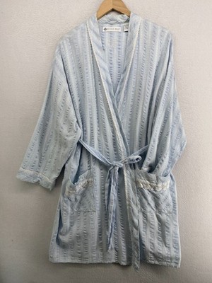 EILEEN WEST Robe XL Seersucker Check Wrap Tie Belted Loungewear Cotton Blue
