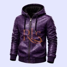 Mens Purple Distressed Style Leather Front Zipper Hoodie Lambskin Leather Hoodie