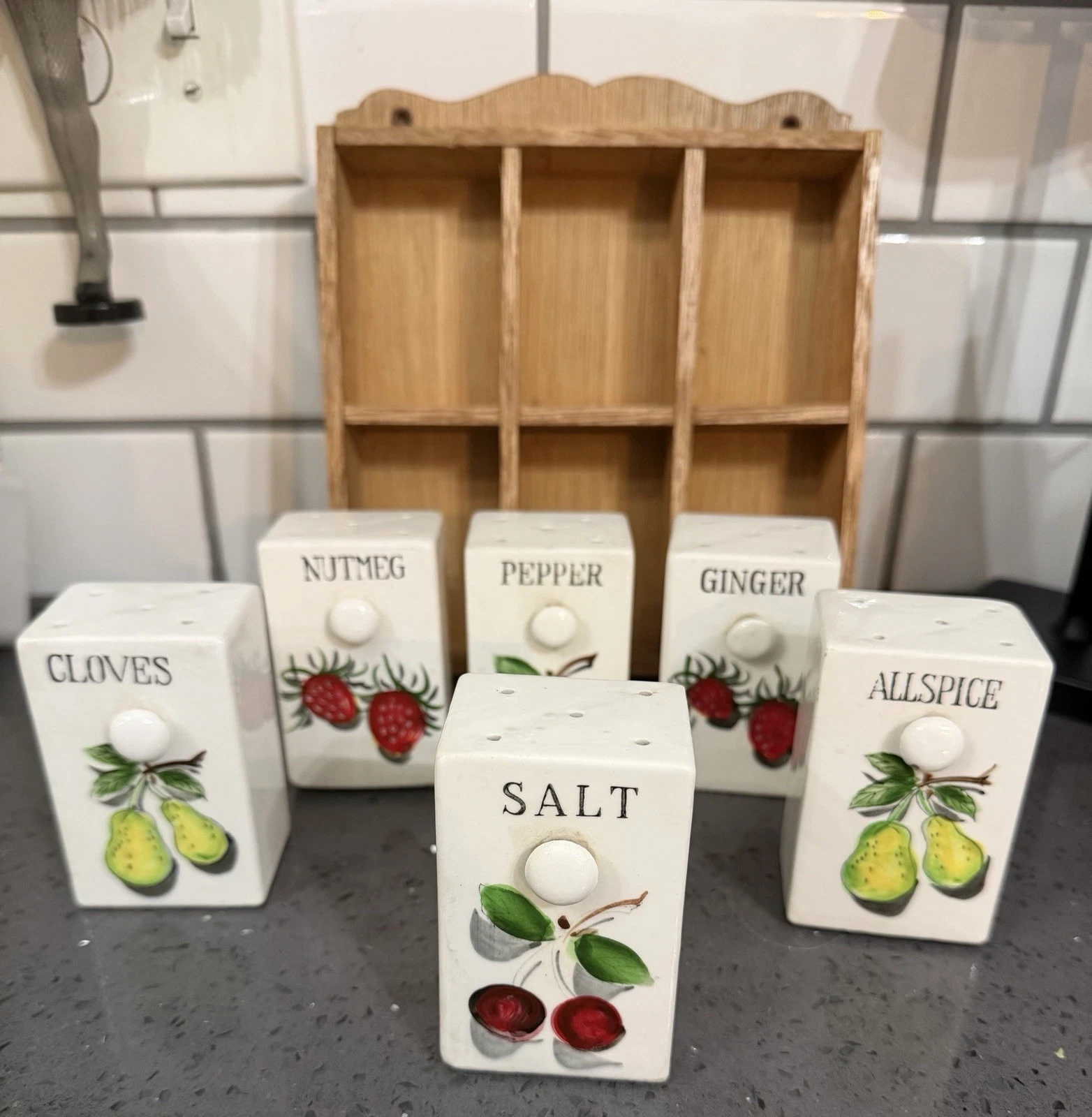 Vintage Wall Mount Spice Rack Set Wood Frame Spices Retro Jars Set of 6