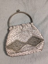 White Silver Beaded Clutch Top Handle Kiss Lo...