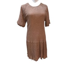 Entro Textured Tiered Dress Brown Short Sleeve Keyhole Back Size M
