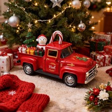 Christmas Red Truck Decor 5" Vintage Farmhouse Metal Truck with Mini Village Set